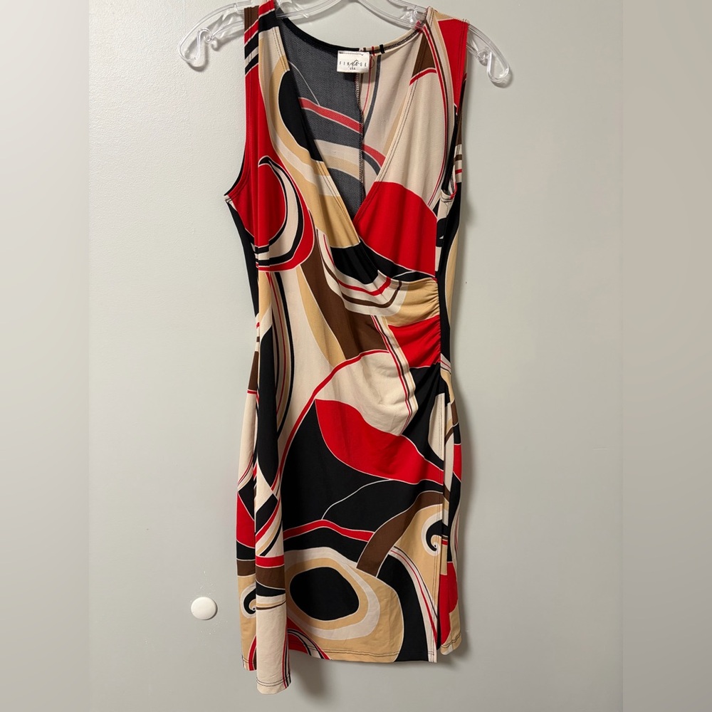 Finesse abstract multicolor faux wrap sleeveless body‎ con mini dress vtg USA L
